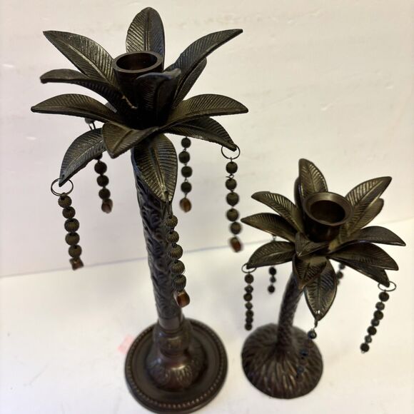 Set Of 2 Brass Palm Trees Taper Candlestick Holders With Dangling Beads - Picture 2 of 6